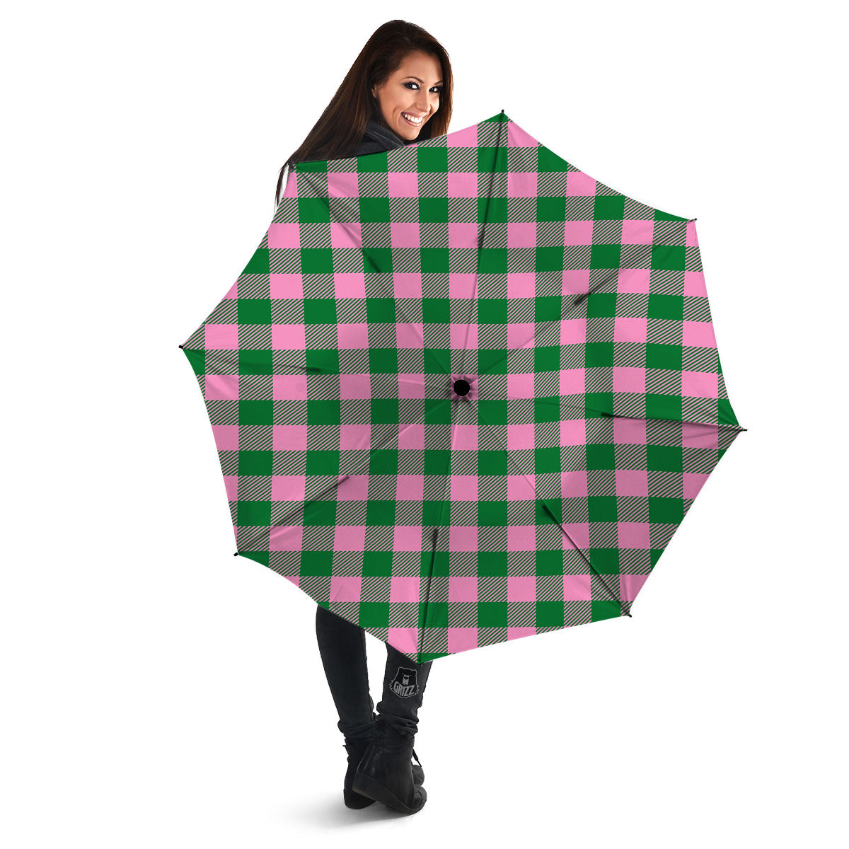 Green Pink And White Tartan Print Pattern Umbrella-grizzshop