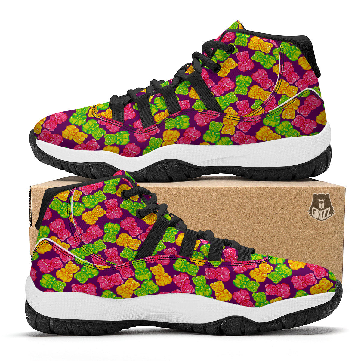 Green Pink And Yellow Gummy bear Print Pattern Black Bball Shoes-grizzshop