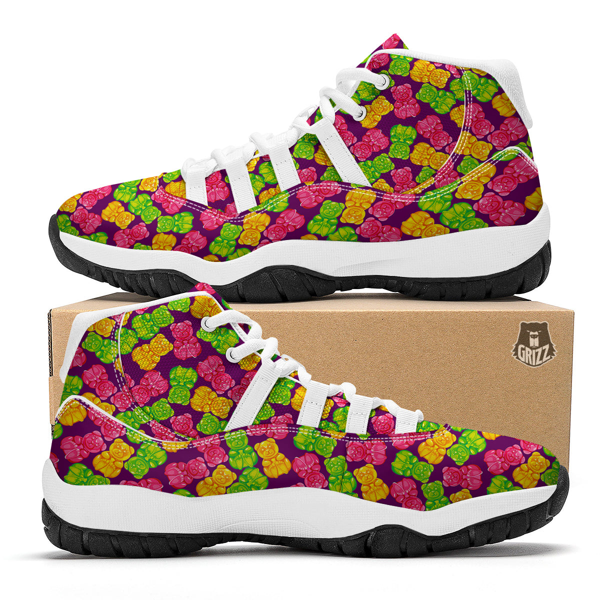 Green Pink And Yellow Gummy bear Print Pattern White Bball Shoes-grizzshop