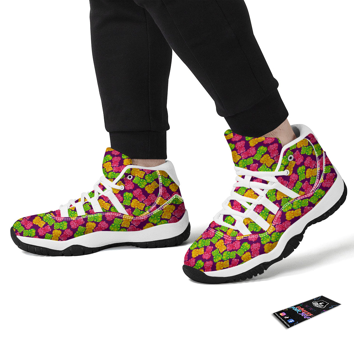 Green Pink And Yellow Gummy bear Print Pattern White Bball Shoes-grizzshop