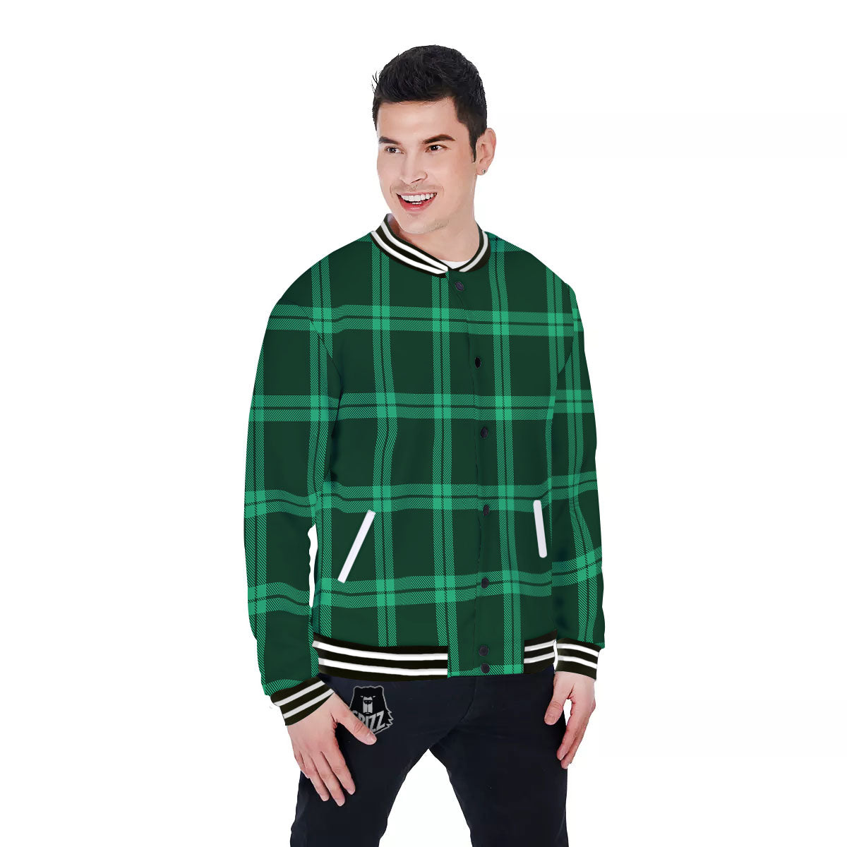 Green Plaid Print Baseball Jacket-grizzshop