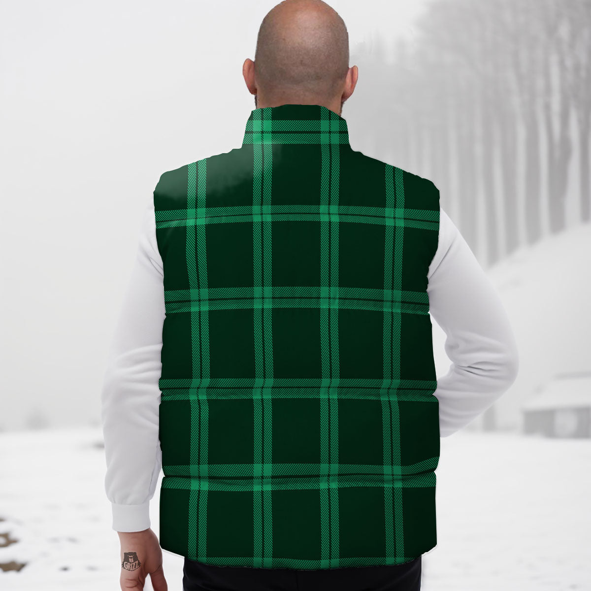 Green Plaid Print Down Vest-grizzshop