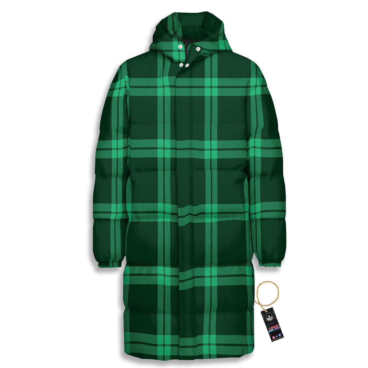 Green Plaid Print Long Down Jacket-grizzshop