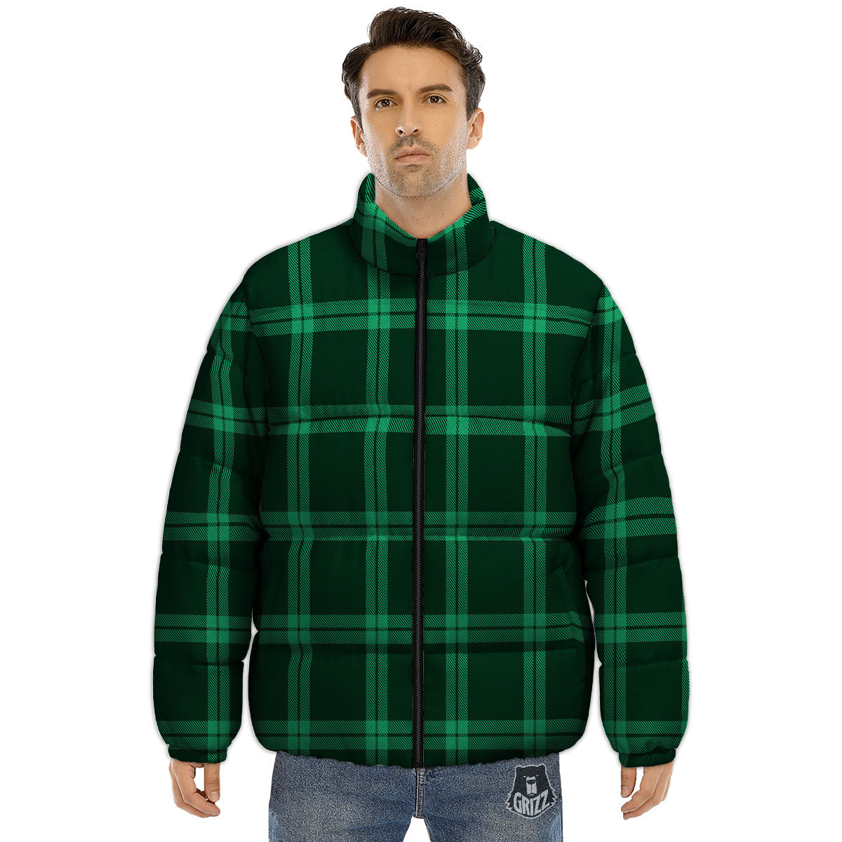 Green Plaid Print Puffer Jacket-grizzshop