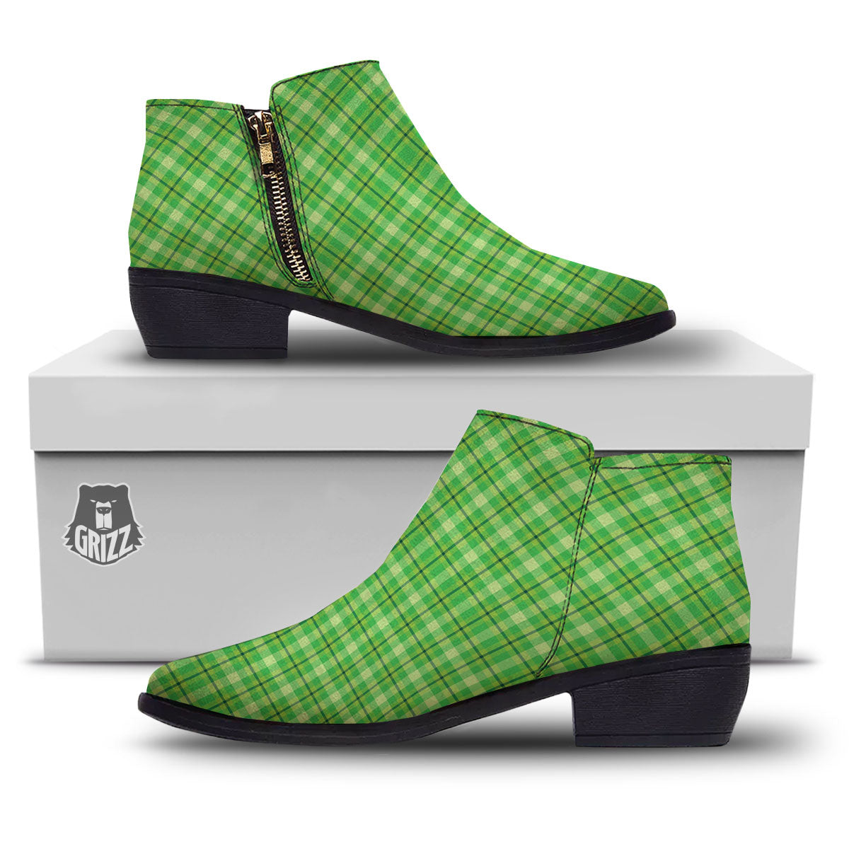 Green Plaid Shamrock Print Pattern Ankle Boots-grizzshop