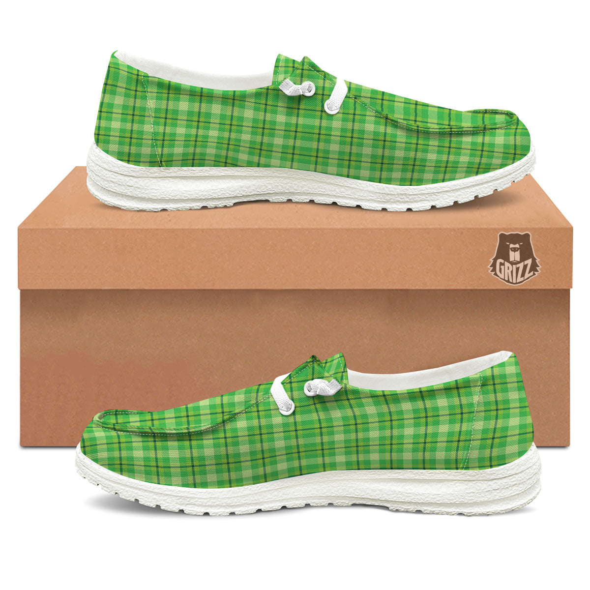Green Plaid Shamrock Print Pattern Black Loafers-grizzshop