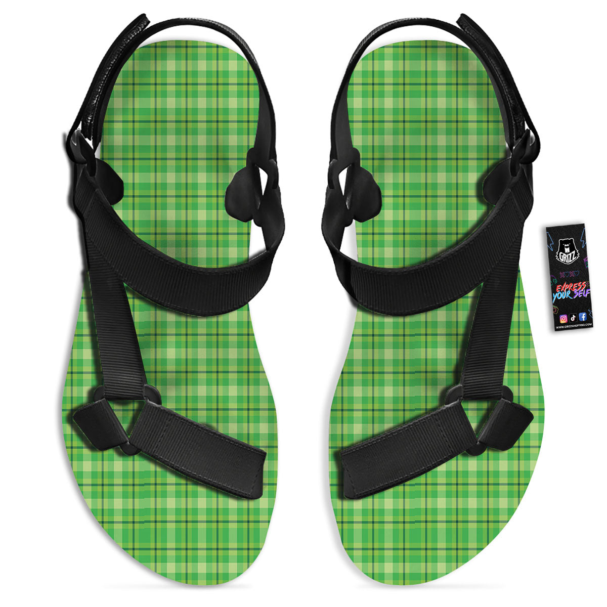 Green Plaid Shamrock Print Pattern Black Open Toe Sandals-grizzshop