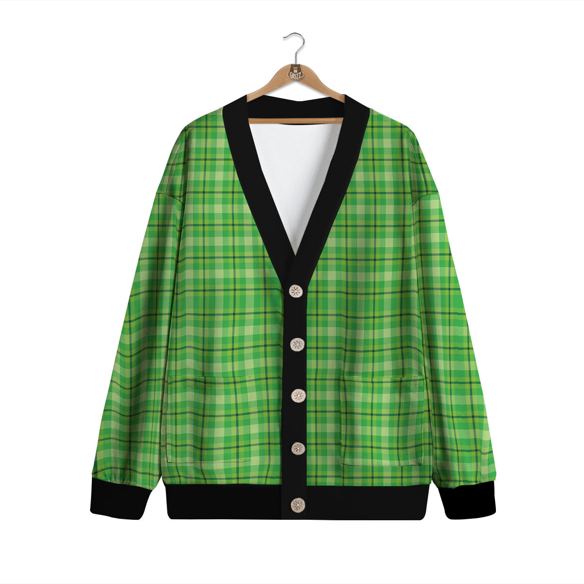 Green Plaid Shamrock Print Pattern Cardigan-grizzshop
