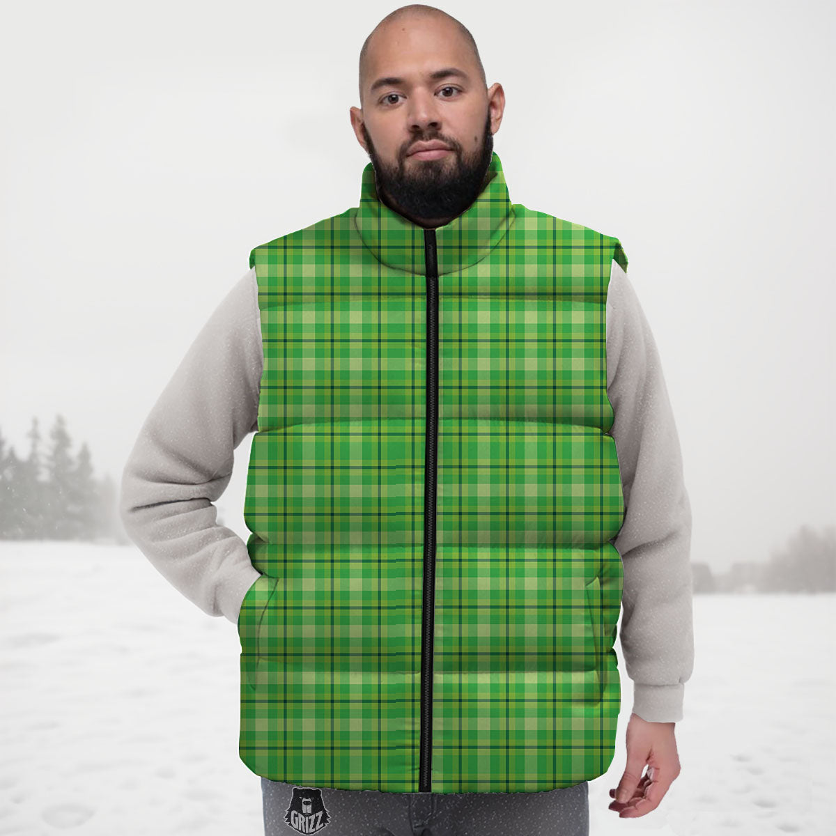 Green Plaid Shamrock Print Pattern Down Vest