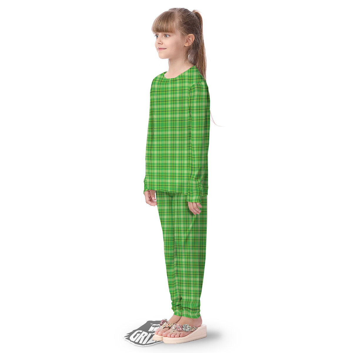 Green Plaid Shamrock Print Pattern Kid's Pajamas-grizzshop