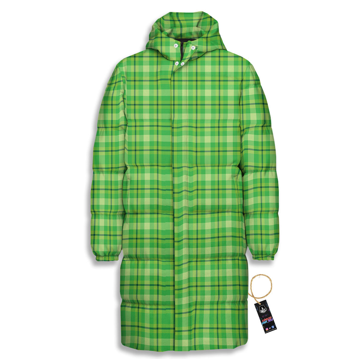 Green Plaid Shamrock Print Pattern Long Down Jacket-grizzshop