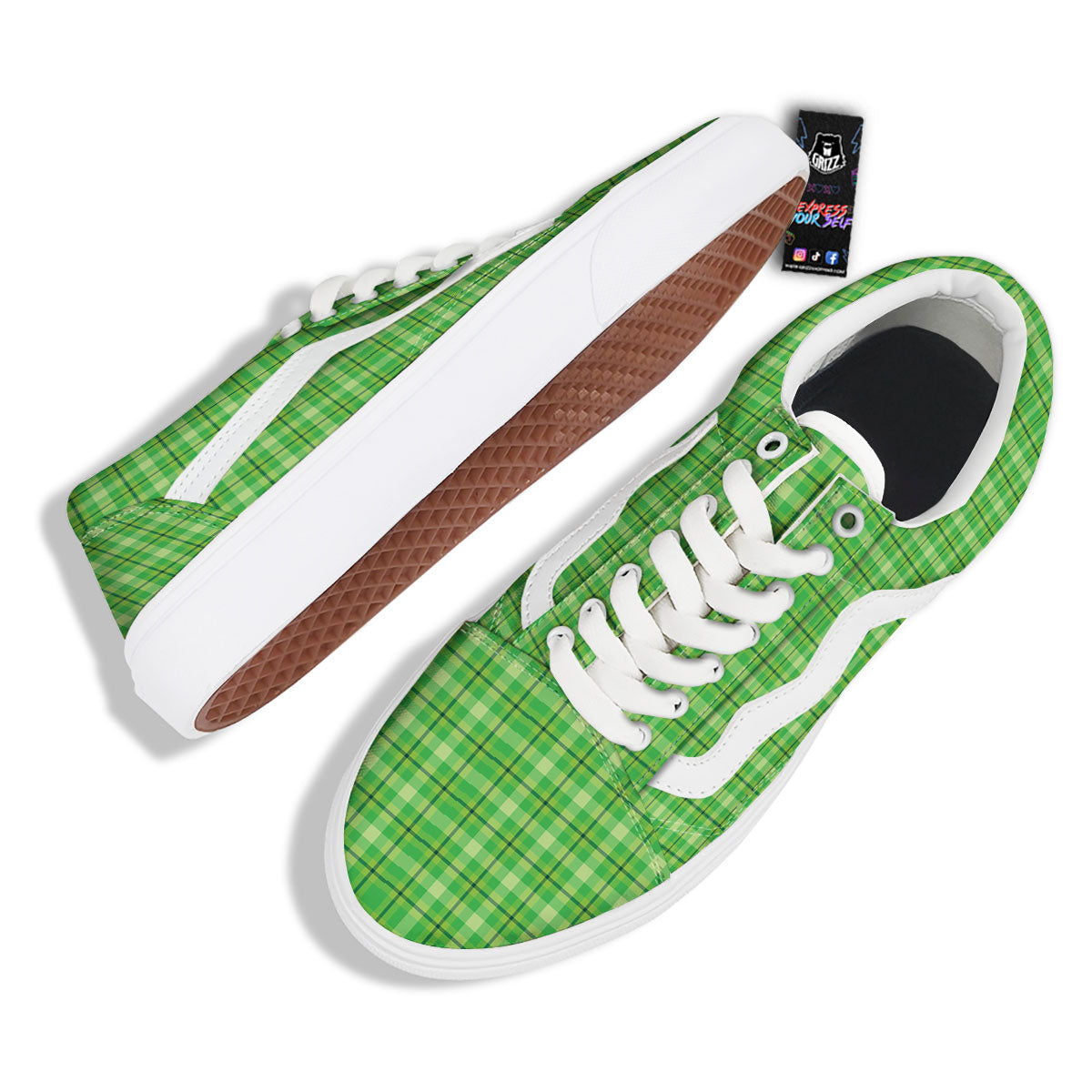 Green Plaid Shamrock Print Pattern Skate Shoes-grizzshop