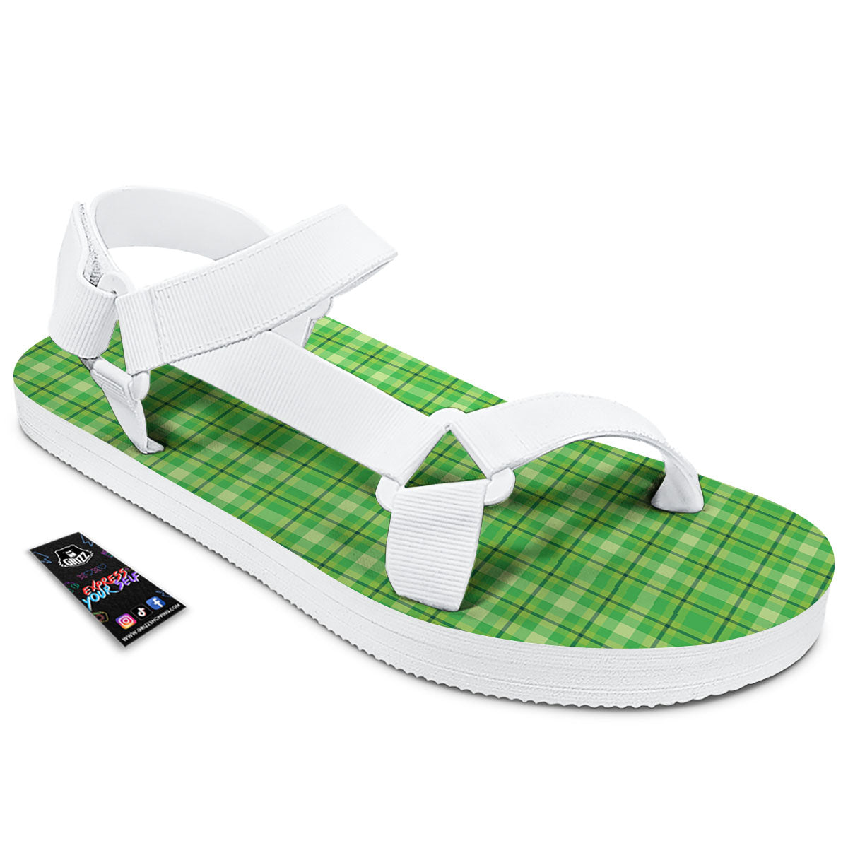 Green Plaid Shamrock Print Pattern White Open Toe Sandals-grizzshop