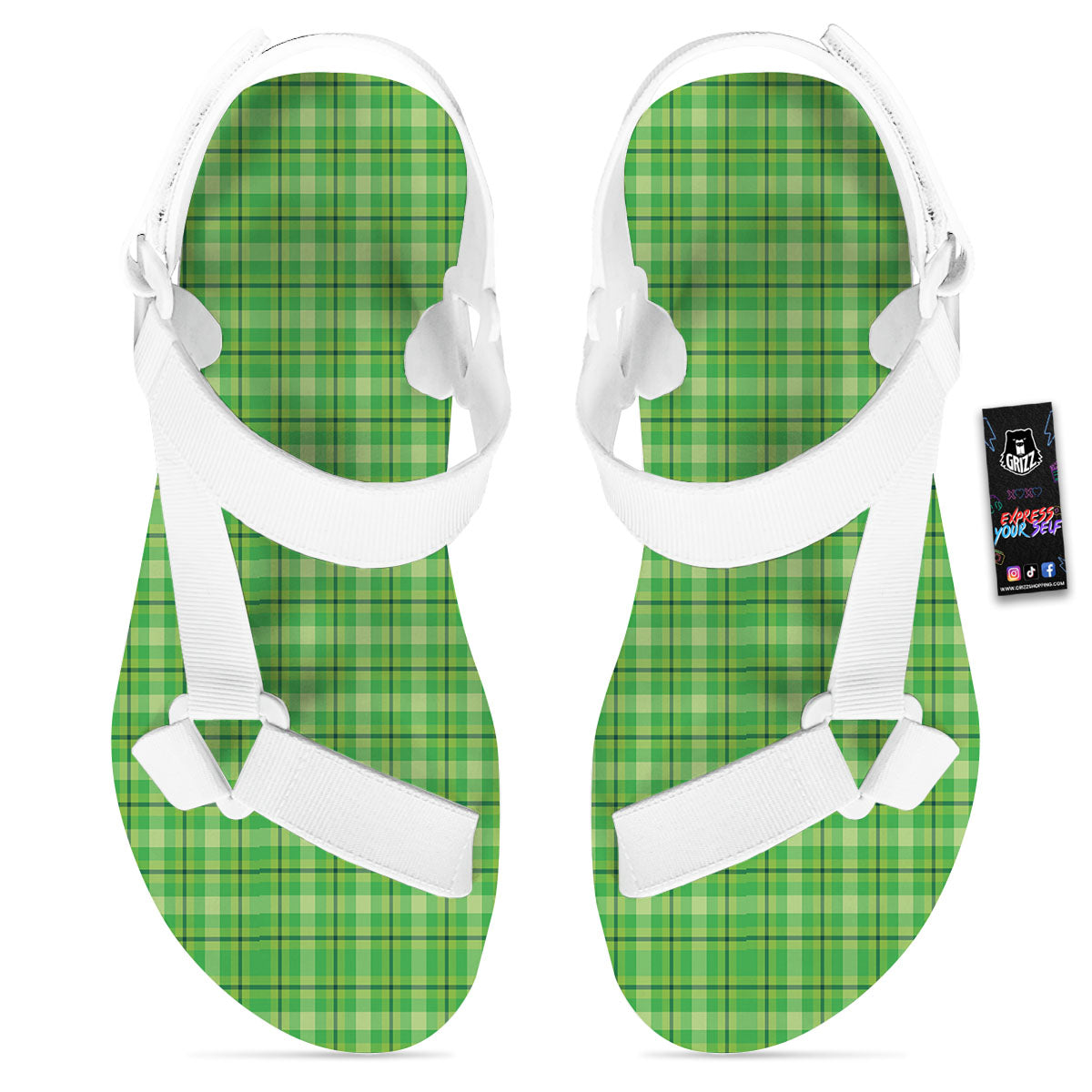 Green Plaid Shamrock Print Pattern White Open Toe Sandals-grizzshop
