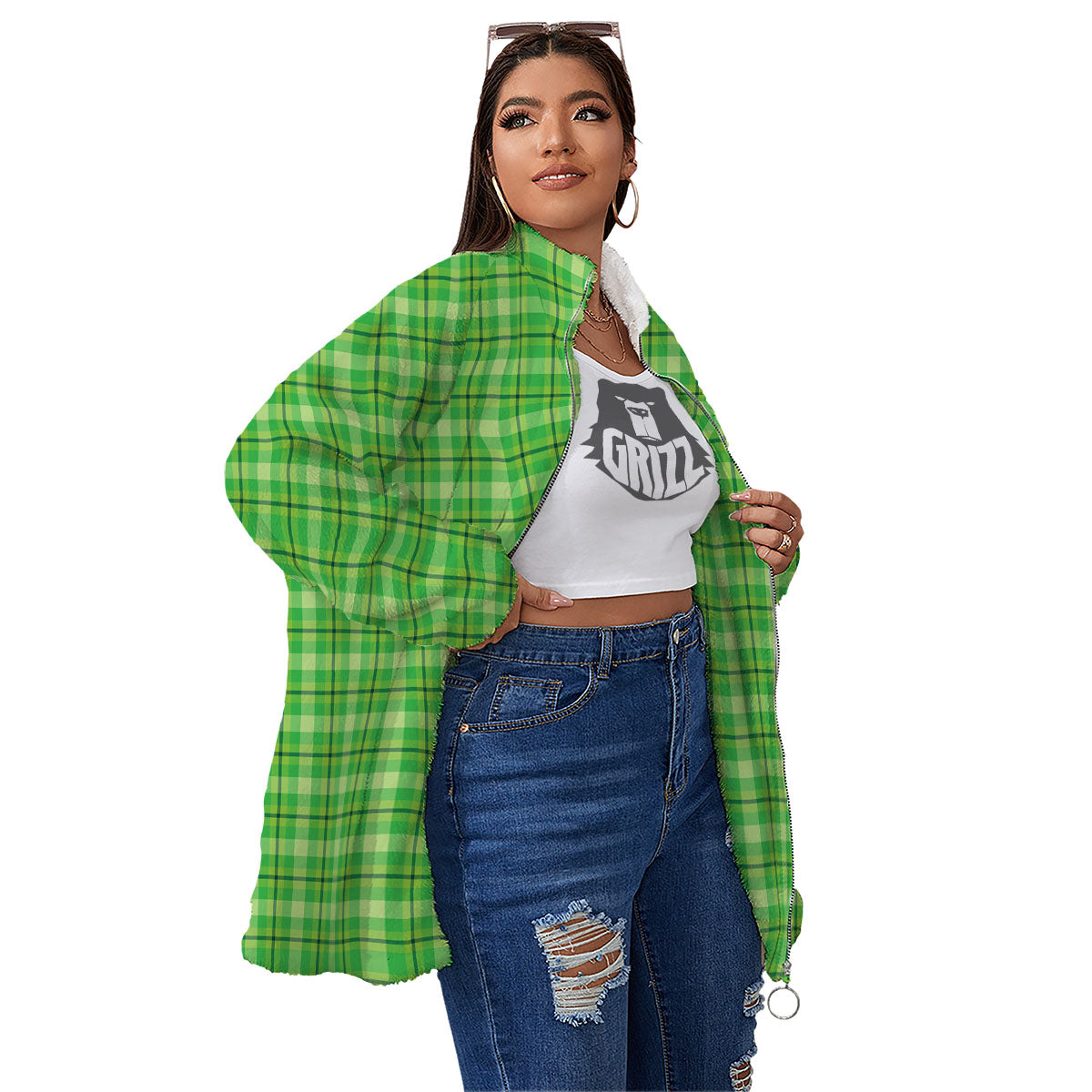 Green Plaid Shamrock Print Pattern Women's Sherpa Jacket-grizzshop