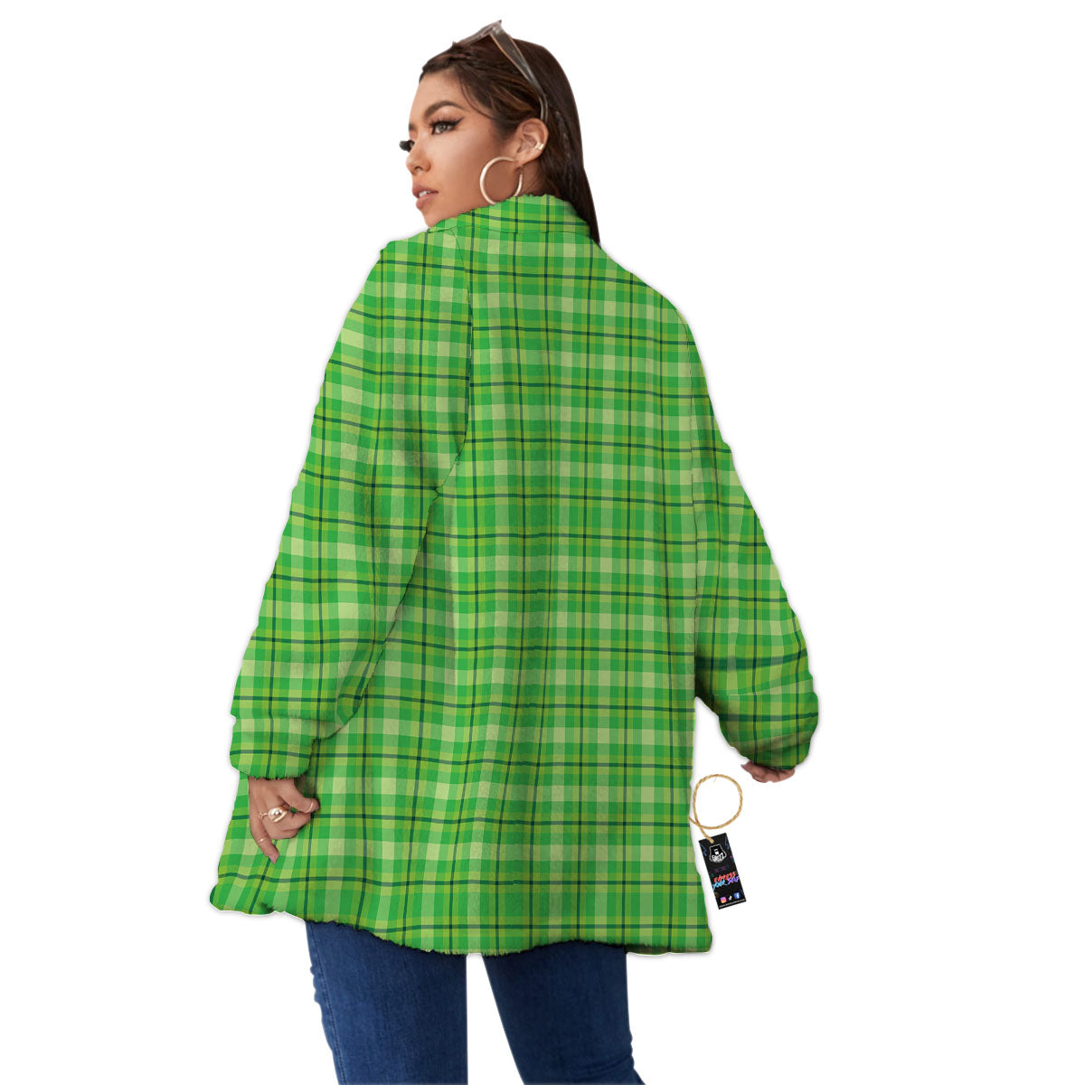 Green Plaid Shamrock Print Pattern Women's Sherpa Jacket-grizzshop