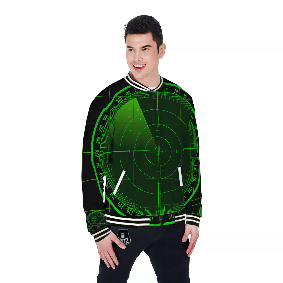 Green Radar Screen Print Baseball Jacket-grizzshop