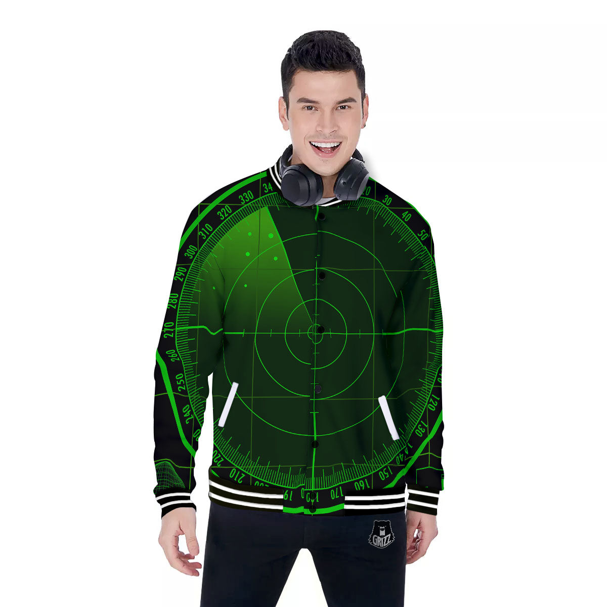 Green Radar Screen Print Baseball Jacket-grizzshop
