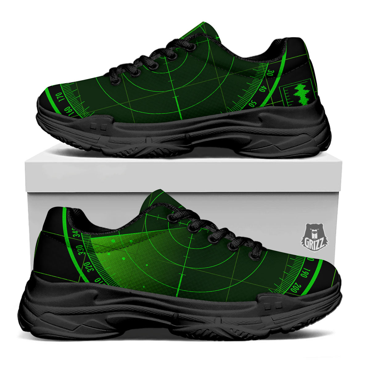 Green Radar Screen Print Black Chunky Shoes-grizzshop