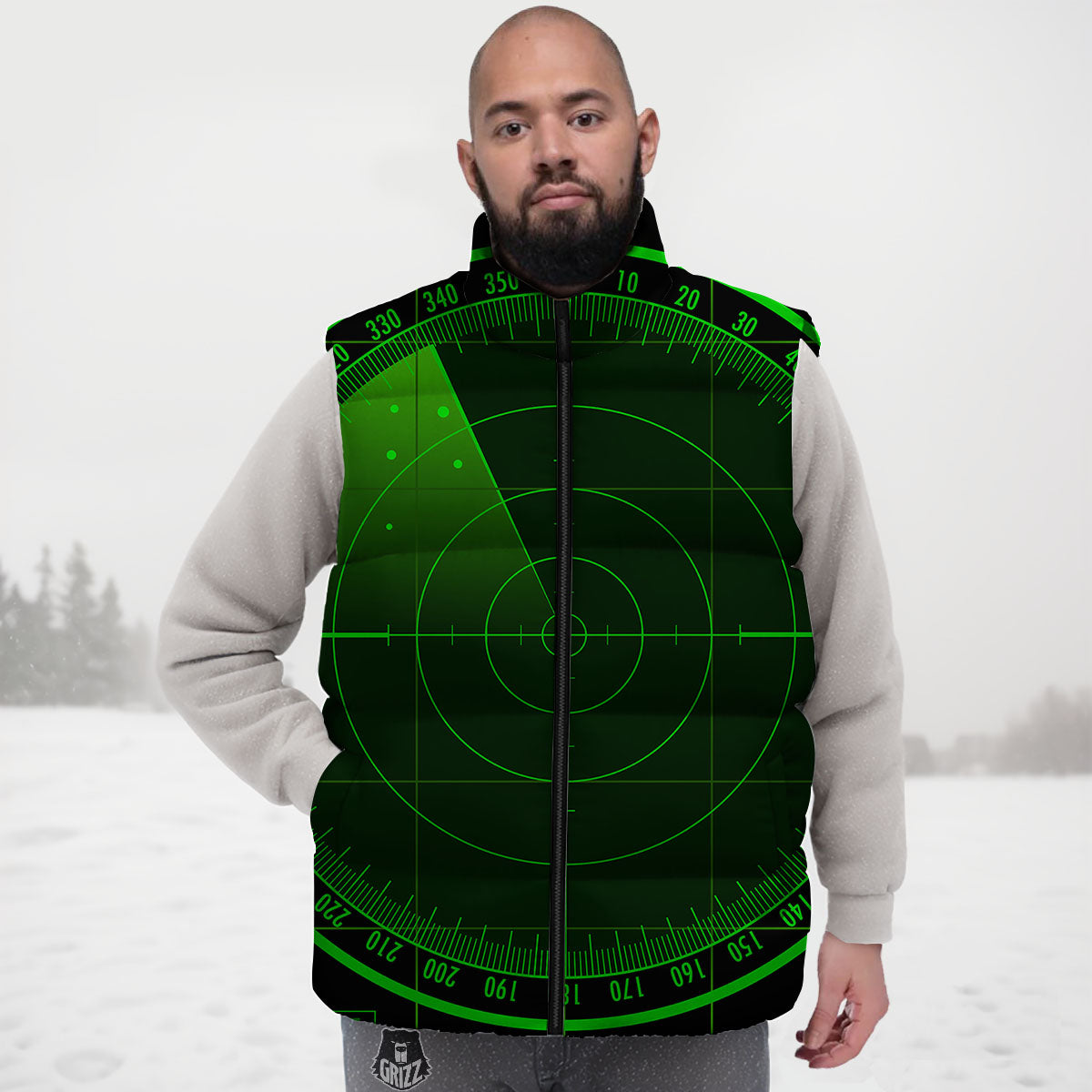 Green Radar Screen Print Down Vest-grizzshop