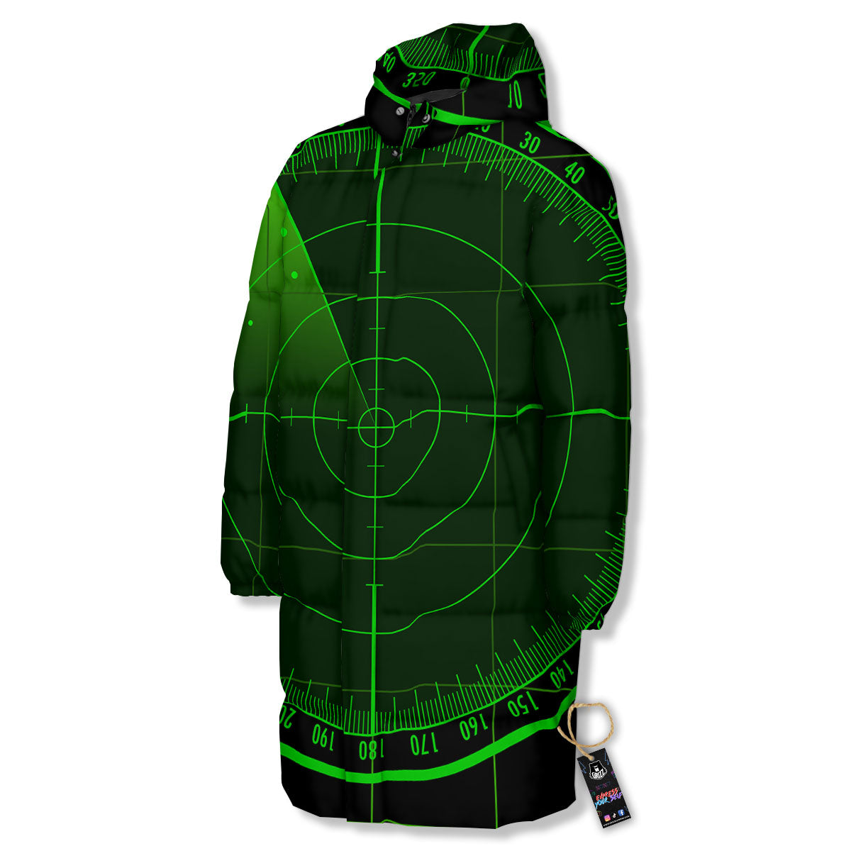 Green Radar Screen Print Long Down Jacket-grizzshop