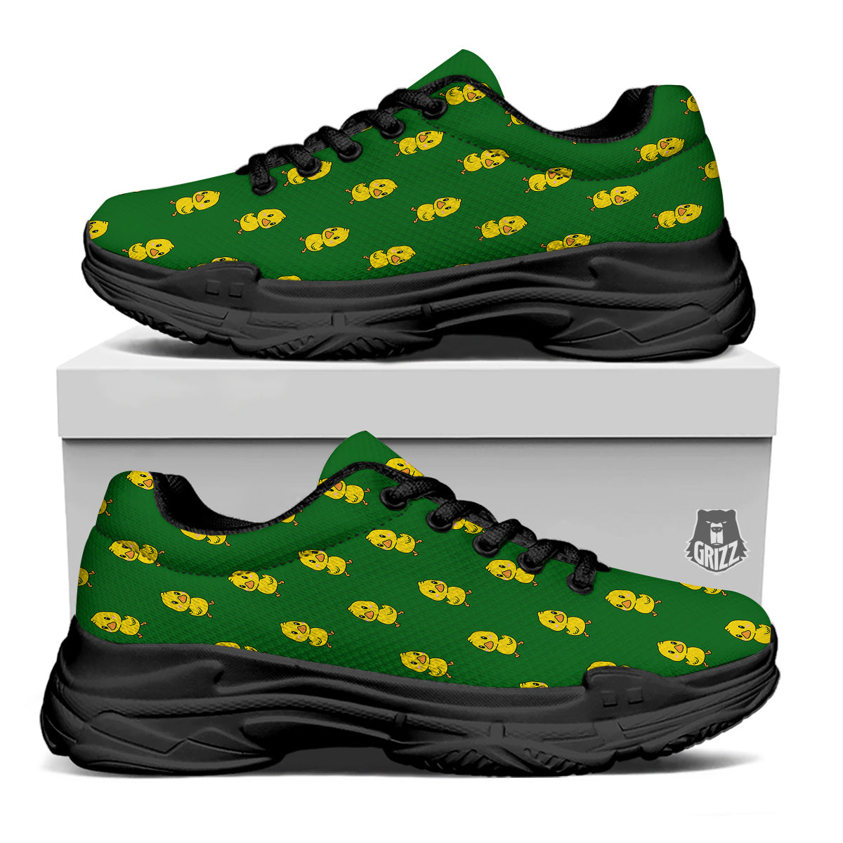 Green Rubber Duck Print Pattern Black Chunky Shoes-grizzshop