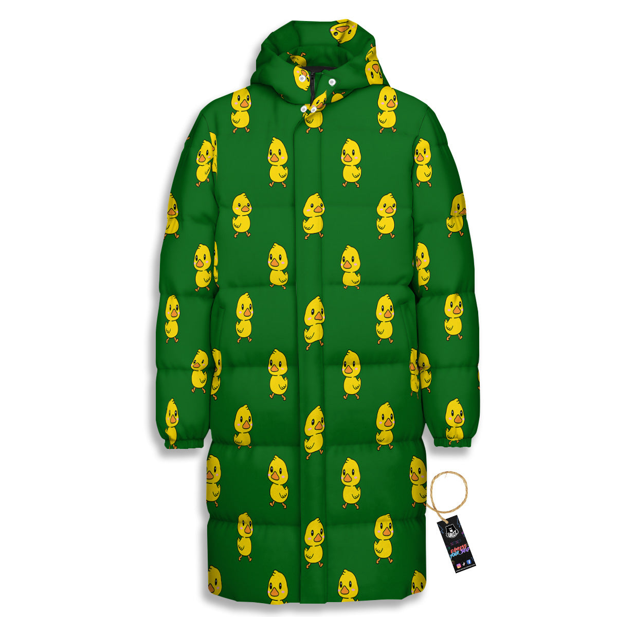 Green Rubber Duck Print Pattern Long Down Jacket-grizzshop