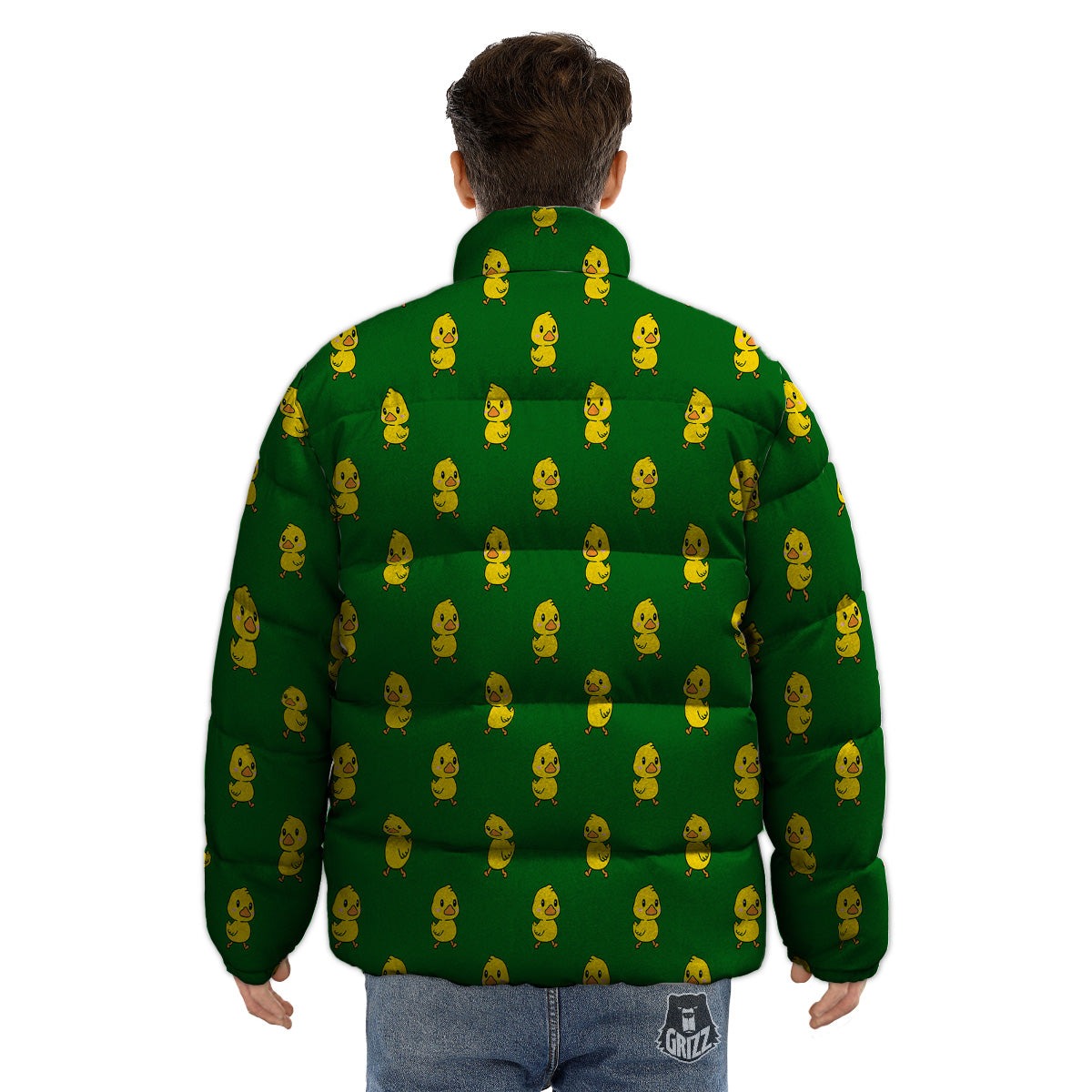 Green Rubber Duck Print Pattern Puffer Jacket-grizzshop