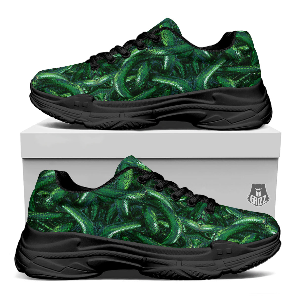 Green Snake 3D Print Pattern Black Chunky Shoes-grizzshop
