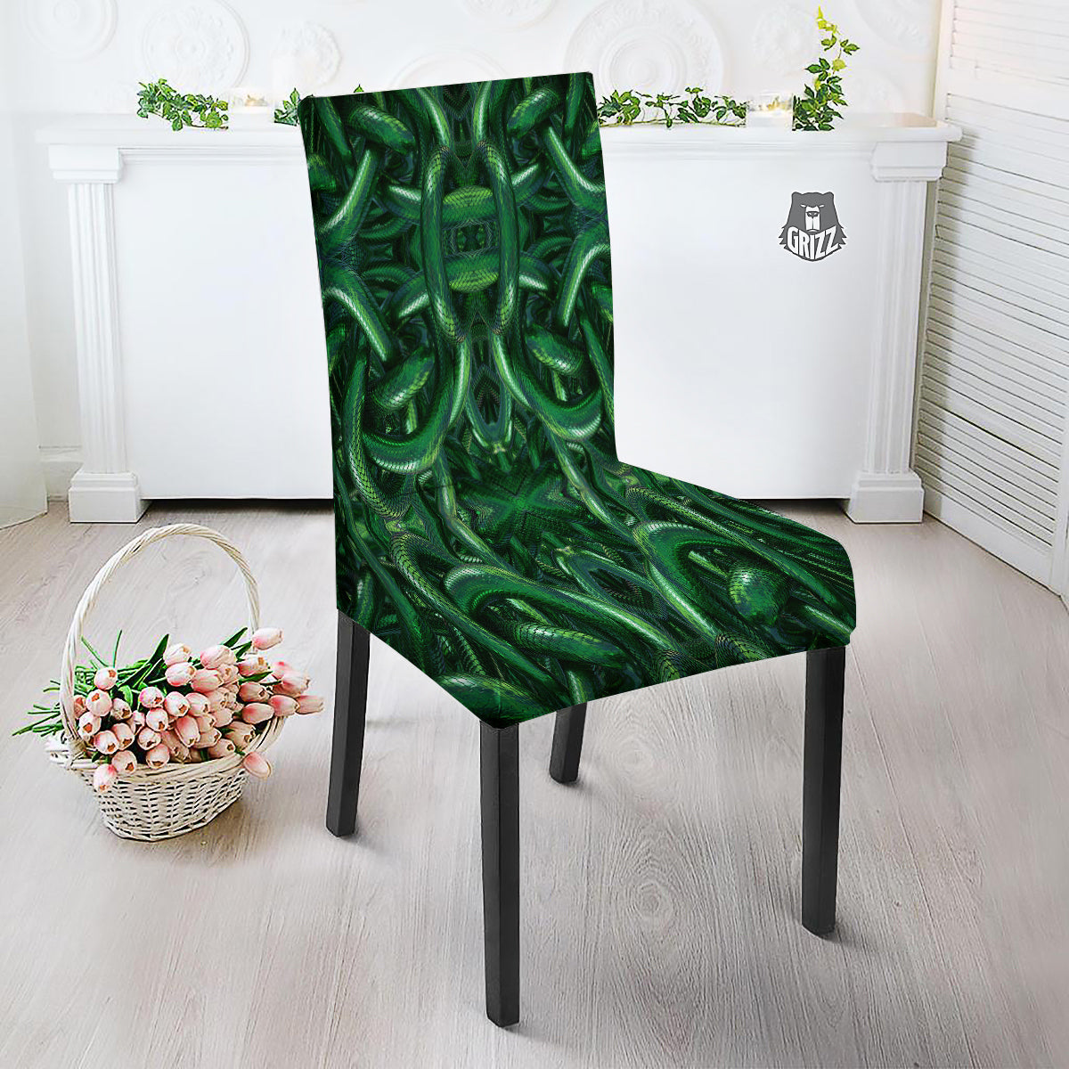 Green Snake 3D Print Pattern Dining Chair Slipcover-grizzshop
