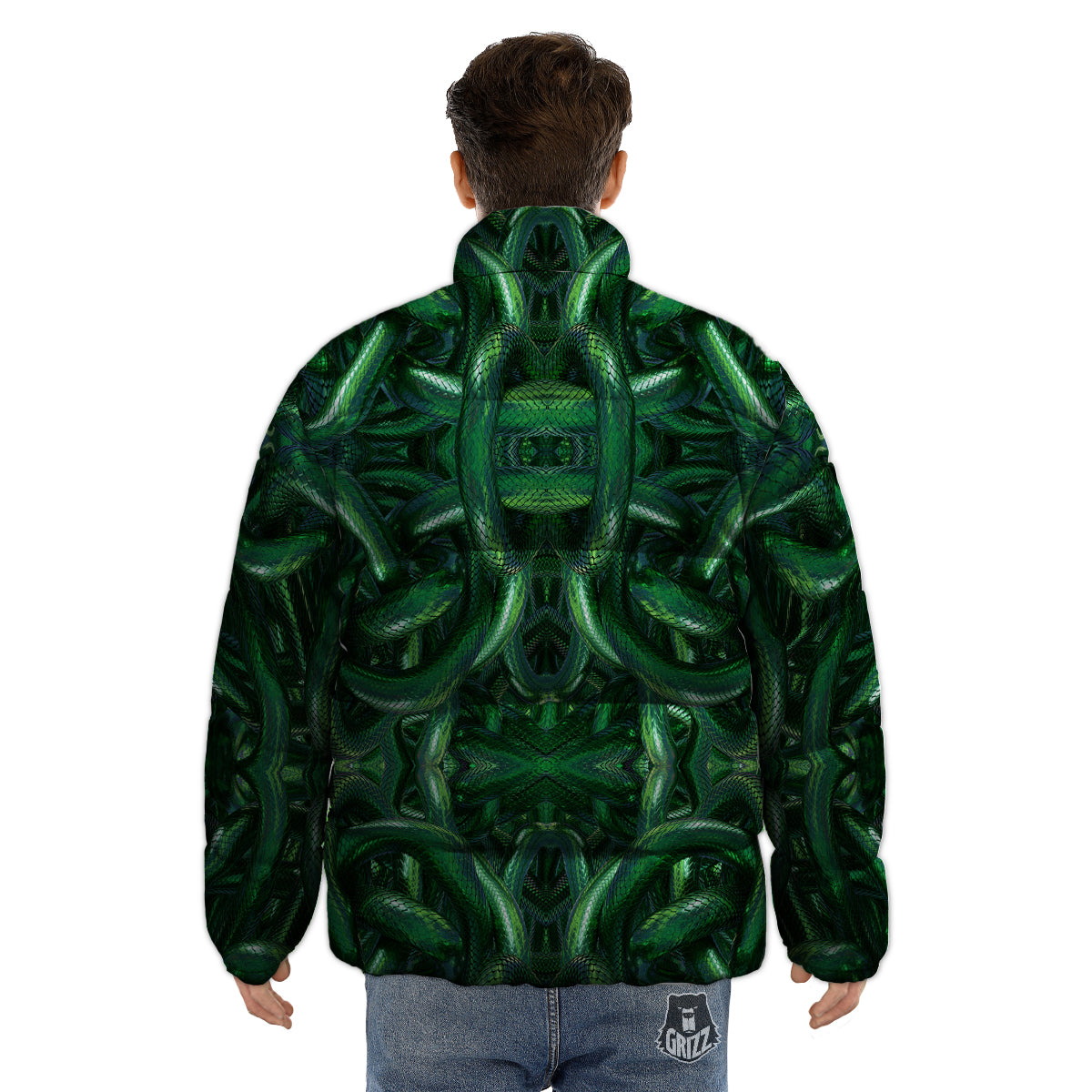 Green Snake 3D Print Pattern Puffer Jacket-grizzshop