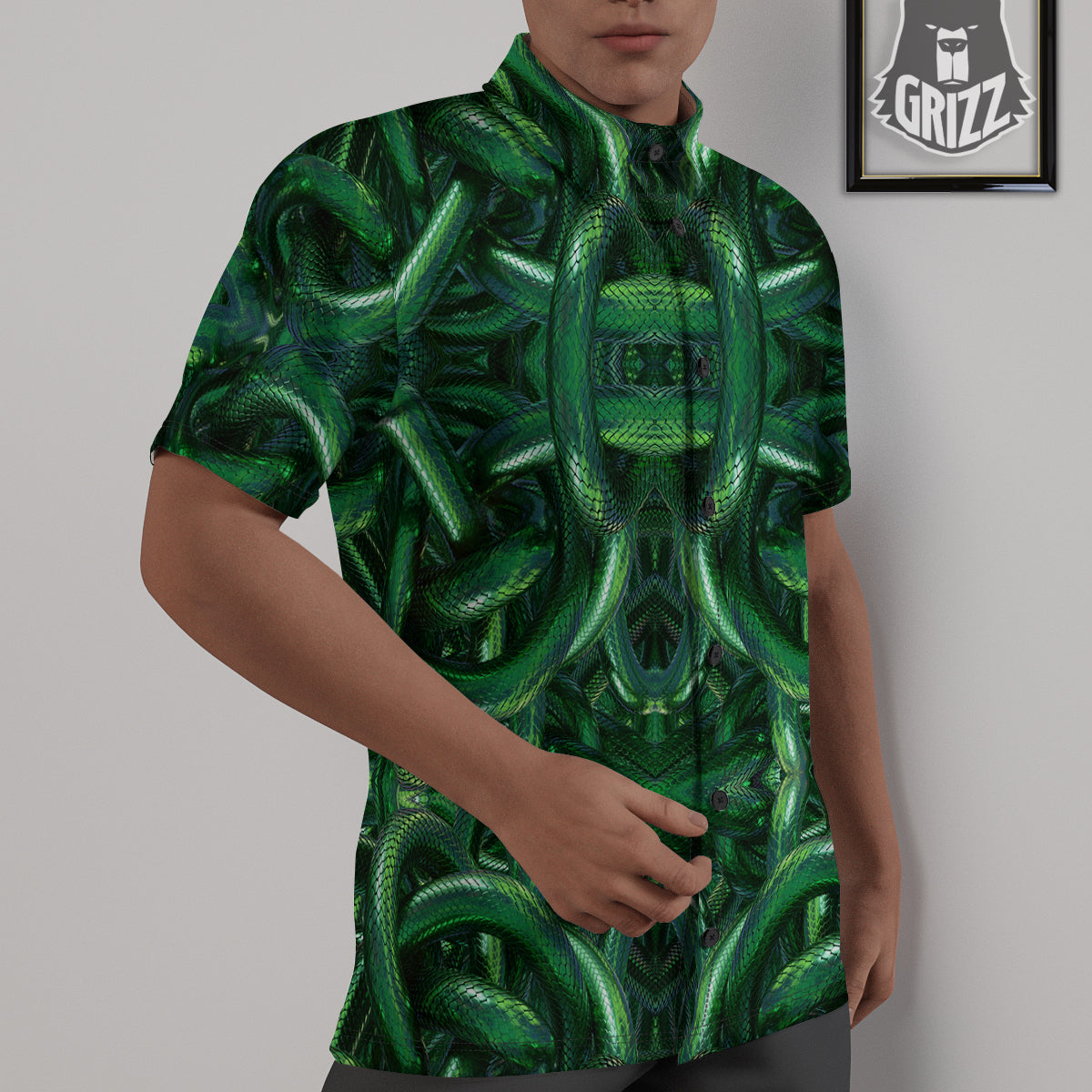 Green Snake 3D Print Pattern Untucked Shirts-grizzshop