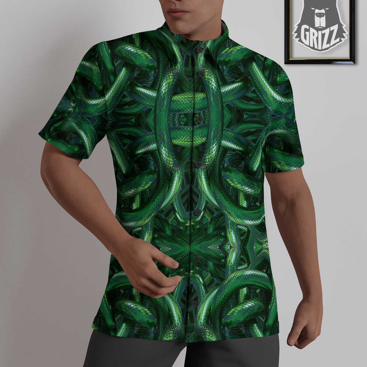 Green Snake 3D Print Pattern Untucked Shirts-grizzshop