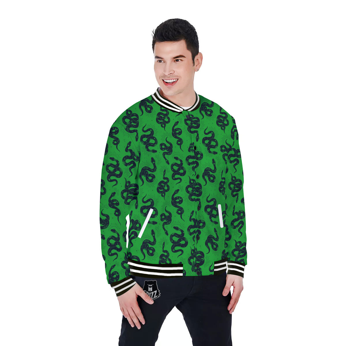 Green Snake Magic Eye Print Pattern Baseball Jacket-grizzshop