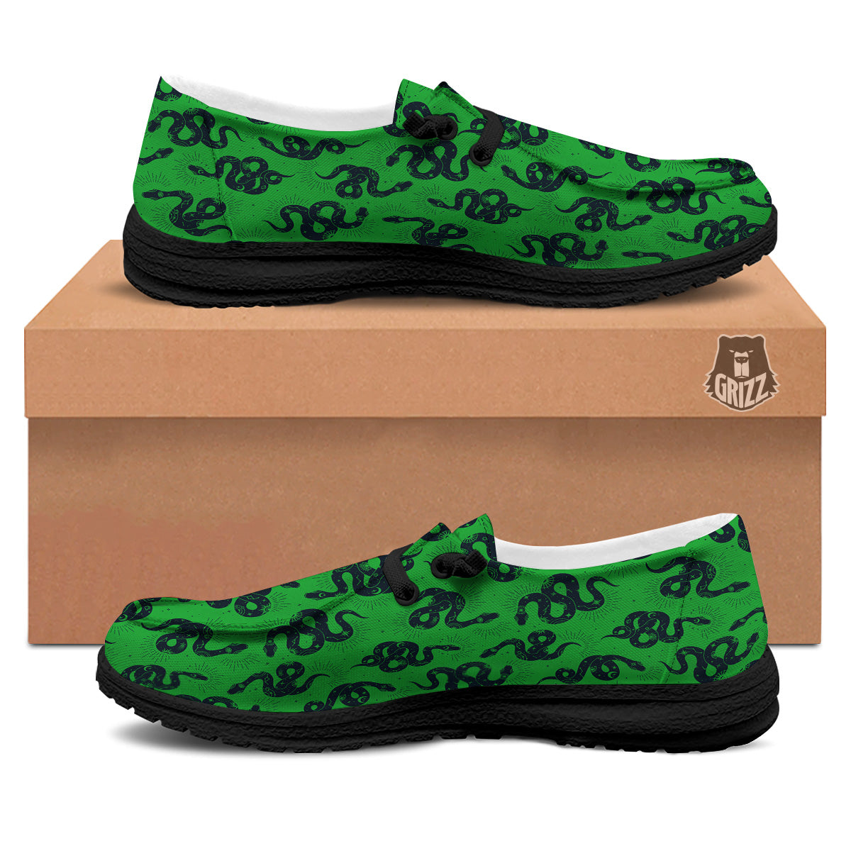 Green Snake Magic Eye Print Pattern Black Loafers-grizzshop