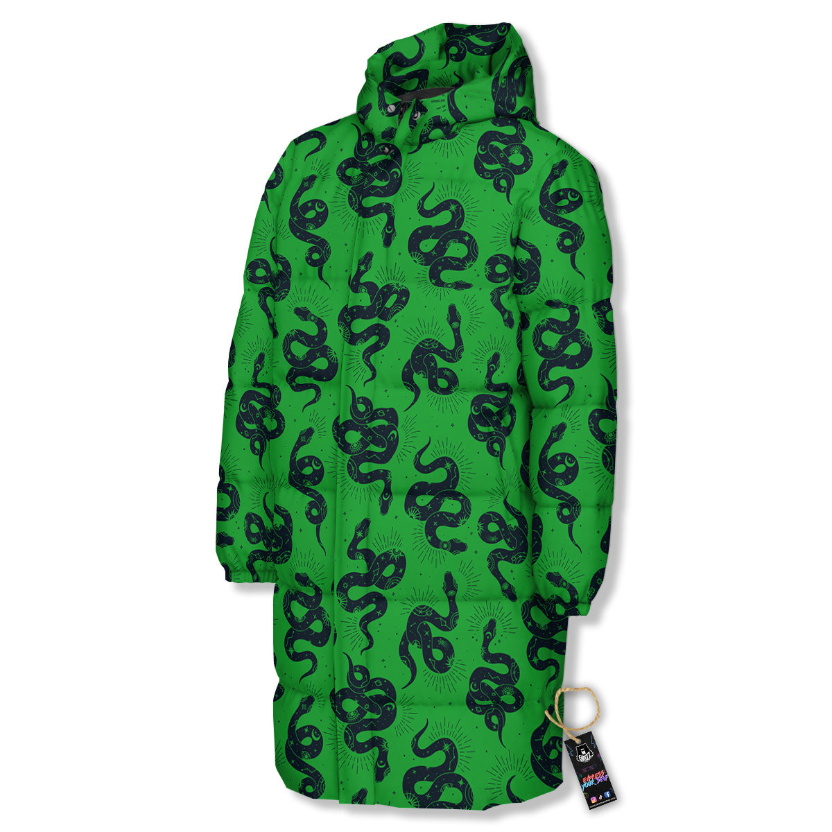 Green Snake Magic Eye Print Pattern Long Down Jacket-grizzshop