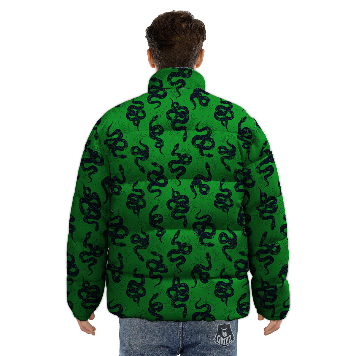 Green Snake Magic Eye Print Pattern Puffer Jacket-grizzshop