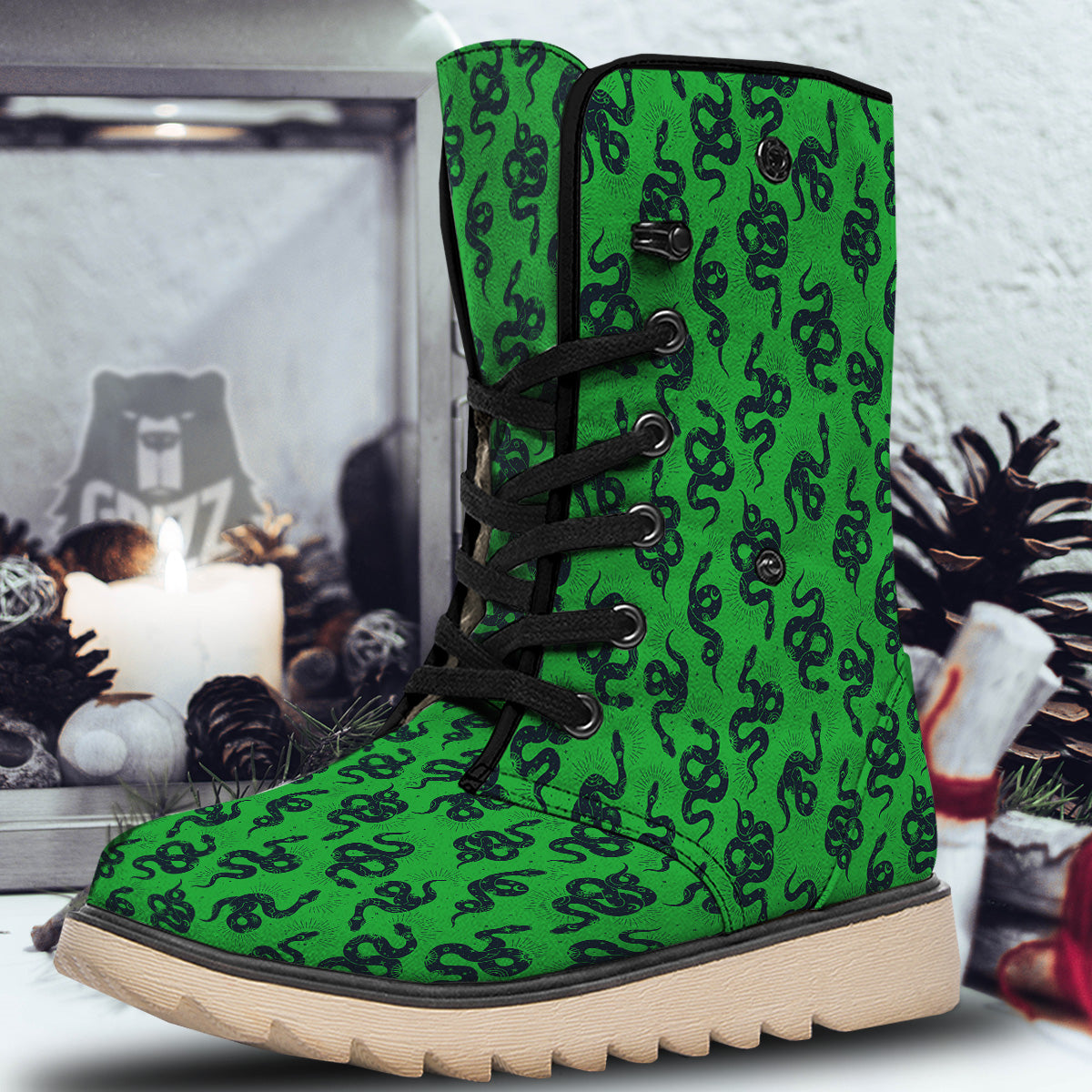 Green Snake Magic Eye Print Pattern Snow Boots-grizzshop