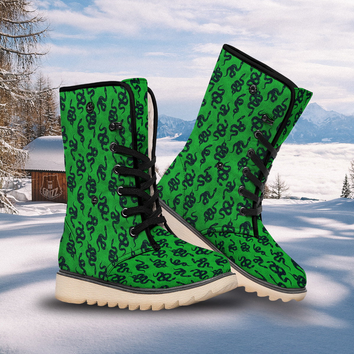 Green Snake Magic Eye Print Pattern Snow Boots-grizzshop