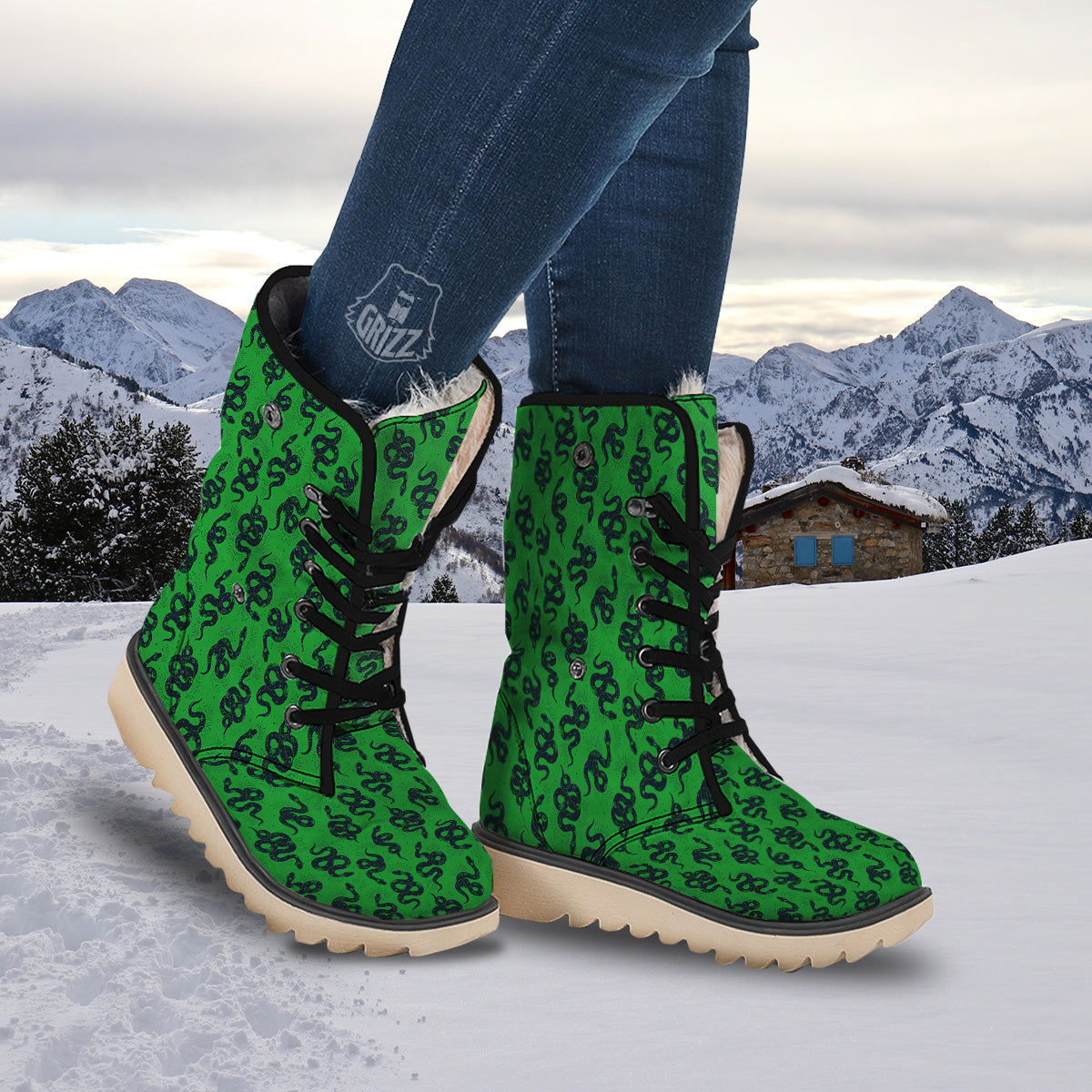 Green Snake Magic Eye Print Pattern Snow Boots-grizzshop
