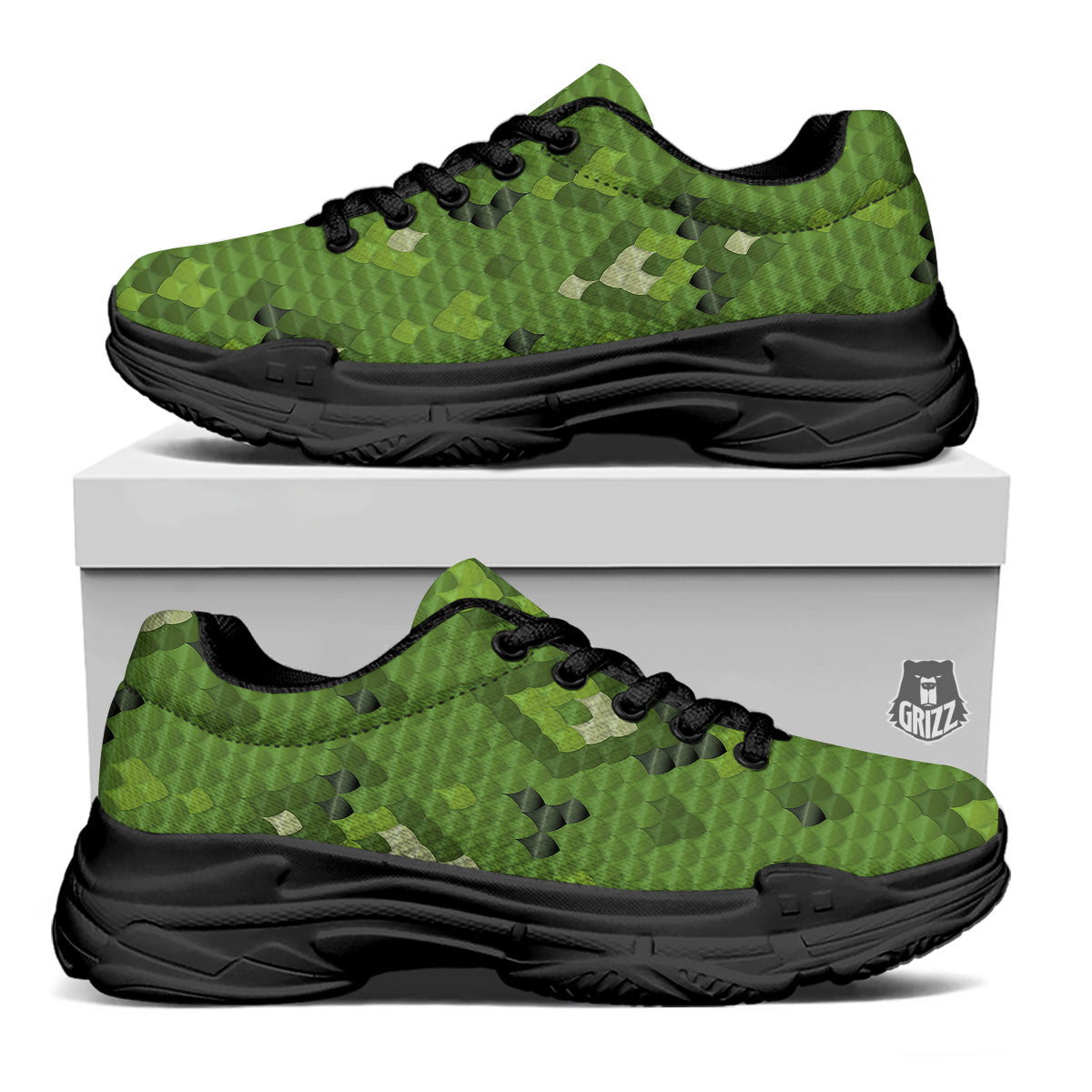 Green Snake Skin Cartoon Print Pattern Black Chunky Shoes-grizzshop