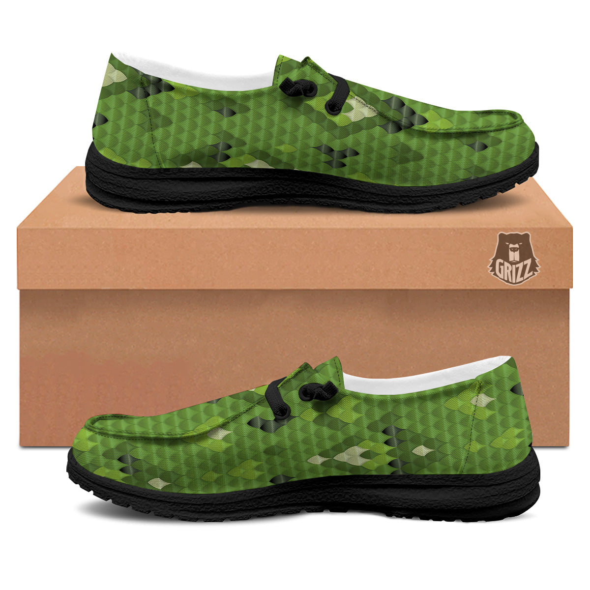 Green Snake Skin Cartoon Print Pattern Black Loafers-grizzshop