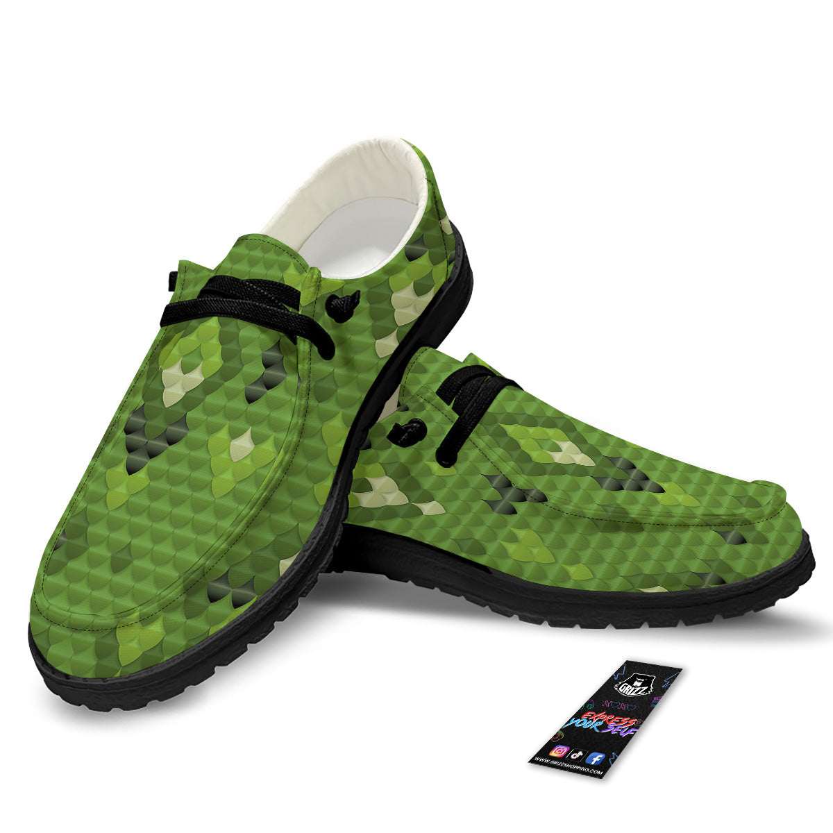 Green Snake Skin Cartoon Print Pattern Black Loafers-grizzshop