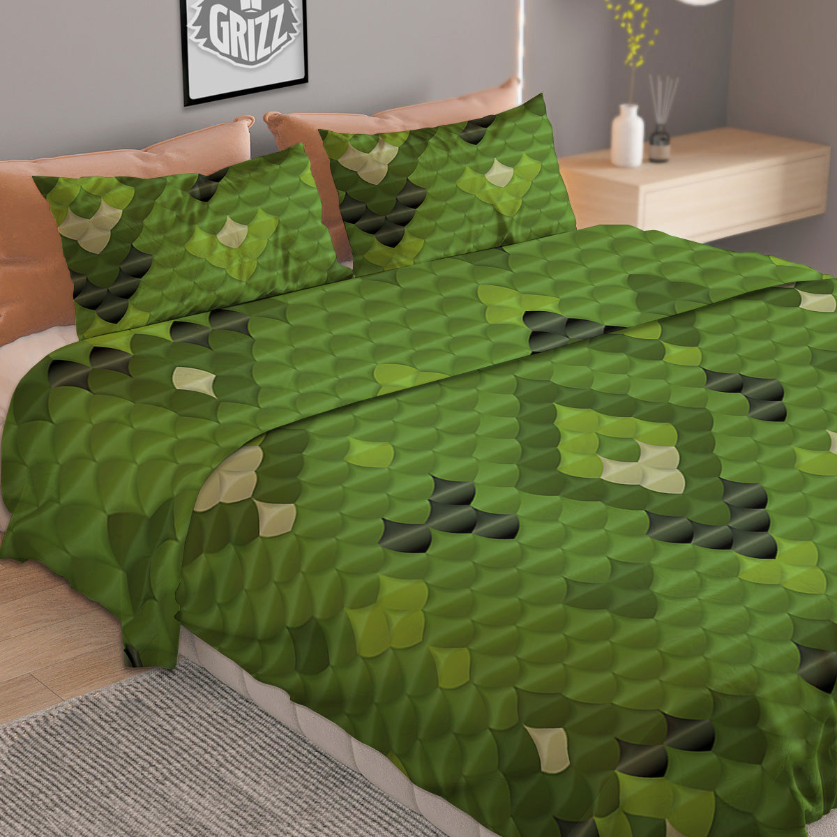 Green Snake Skin Cartoon Print Pattern Duvet Cover Bedding Set