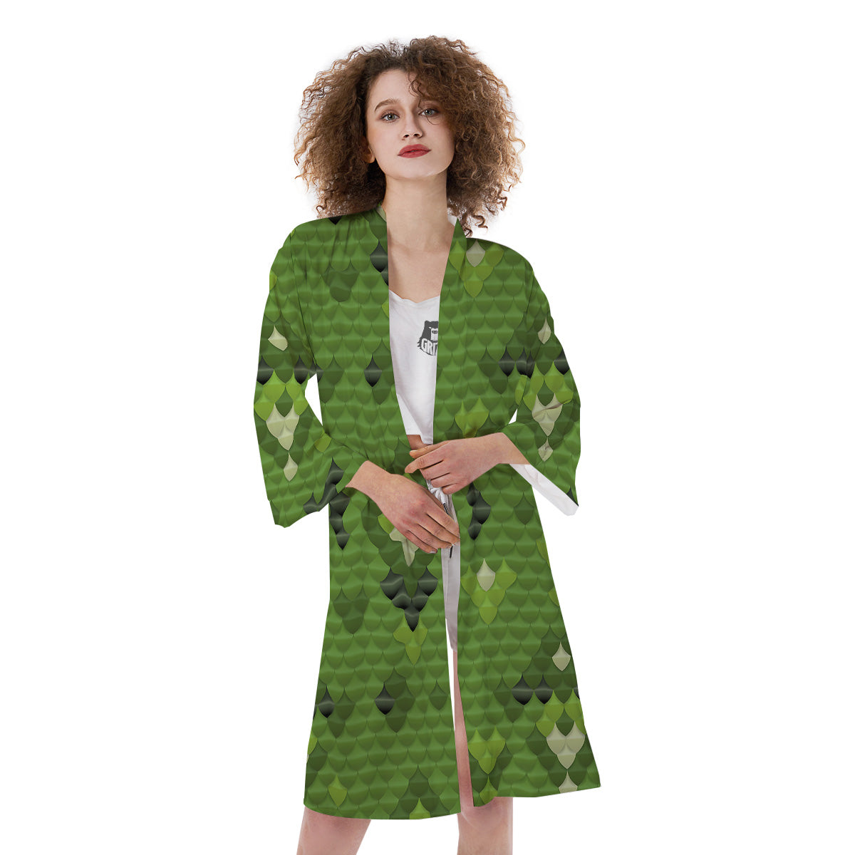 Green Snake Skin Cartoon Print Pattern Kimono-grizzshop