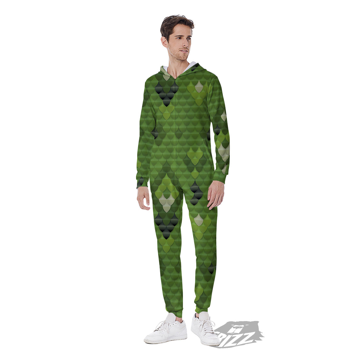Green Snake Skin Cartoon Print Pattern Men's Jumpsuit-grizzshop