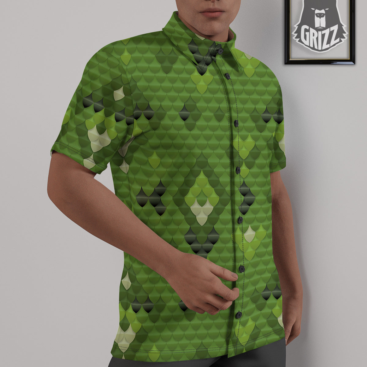 Green Snake Skin Cartoon Print Pattern Untucked Shirts-grizzshop