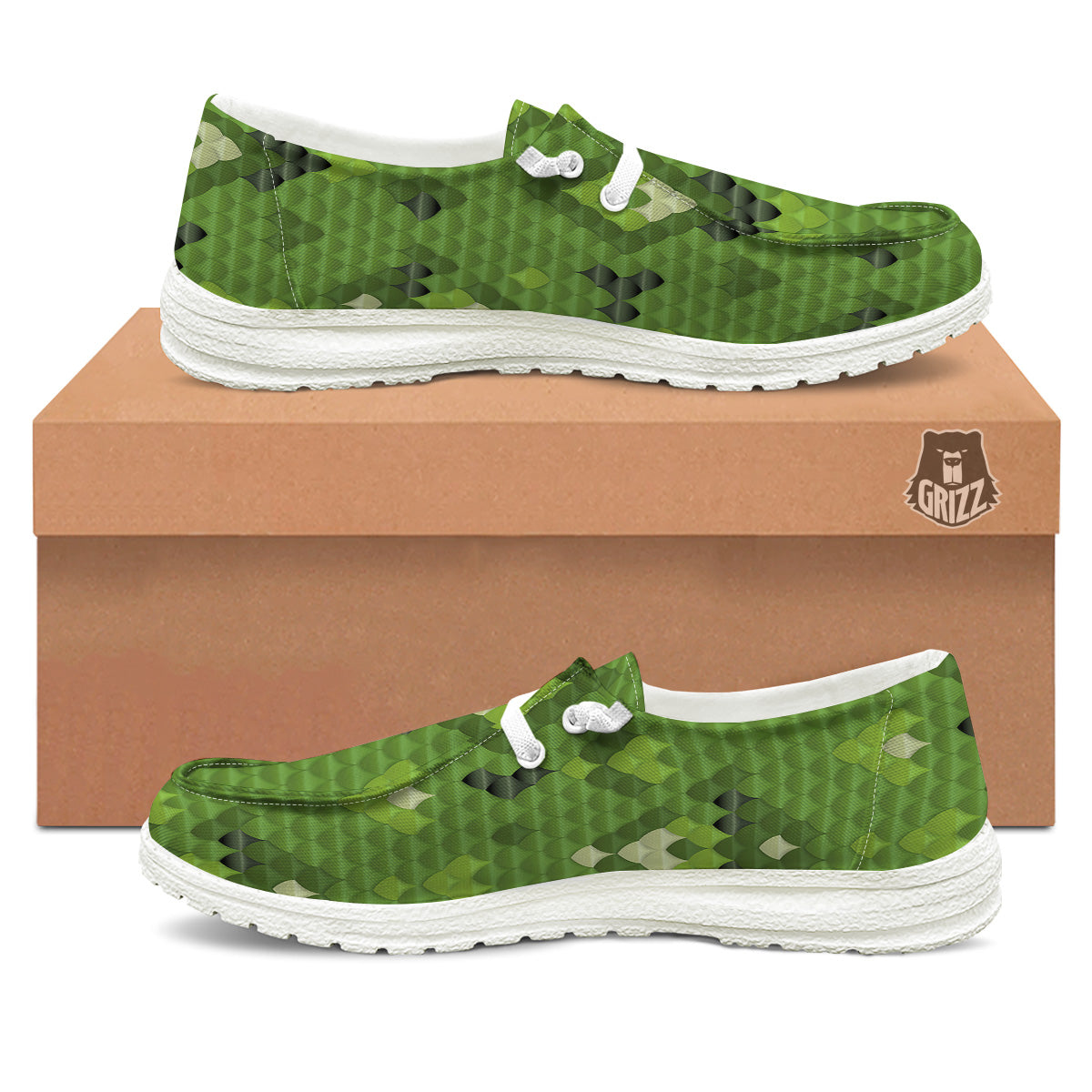 Green Snake Skin Cartoon Print Pattern White Loafers-grizzshop