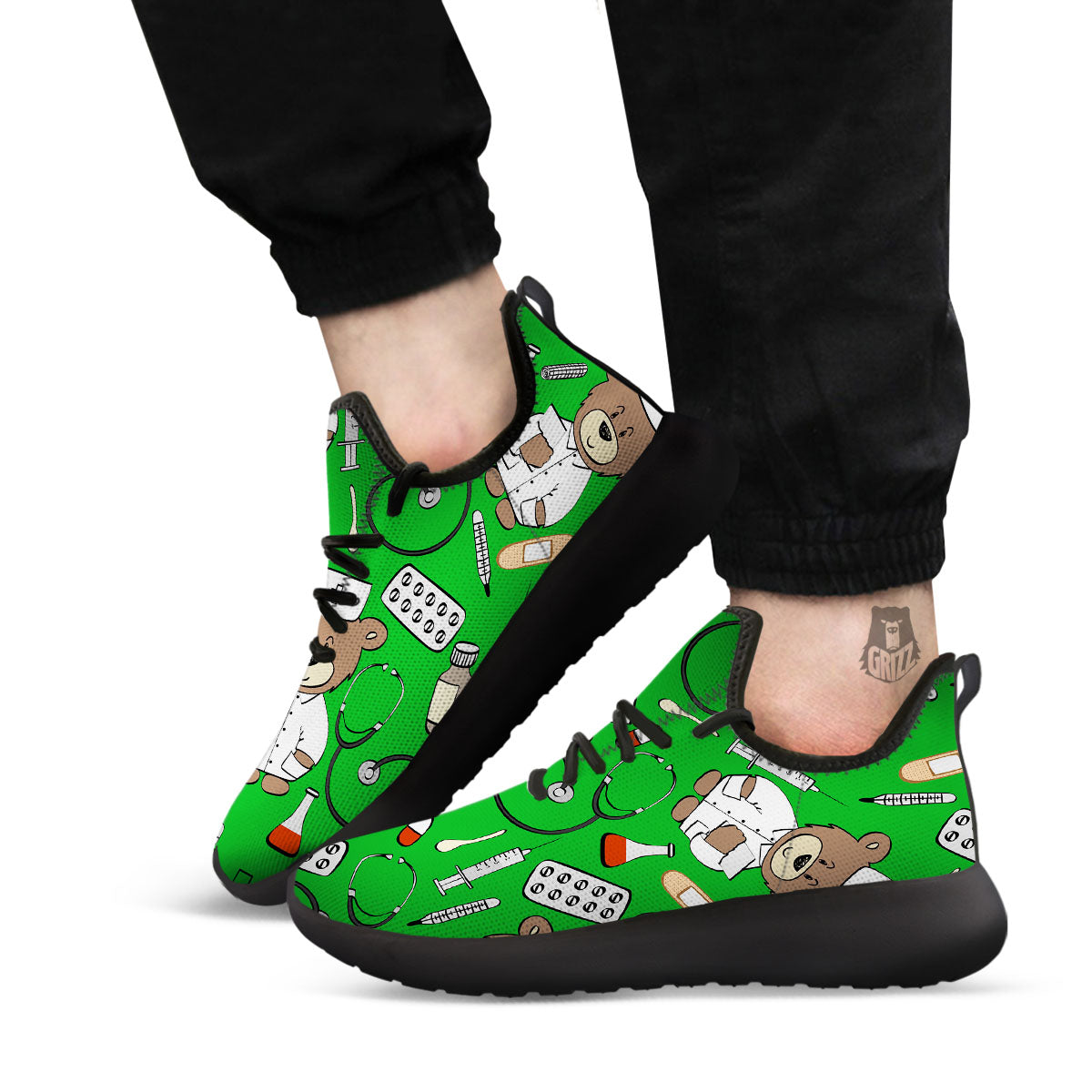 Green Teddy Bear Nurse Black Athletic Shoes-grizzshop