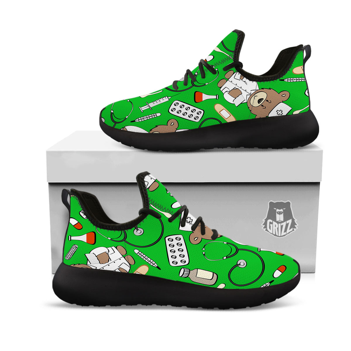 Green Teddy Bear Nurse Black Athletic Shoes-grizzshop